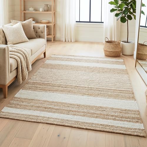 Homespice Reva Handwoven Jute Rug 4x6' - Dense & Thick Premium Handmade Natural Fibre Rugs for Bedroom and Office, Lays Flat, Won't Fray or Shed, Natural Brown with White Stripes - color: Reva, size: 4' x 6' (Rectangular)