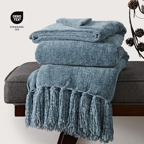 EverGrace Soft Chenille Throw Blanket for Couch, Cozy Plush Fuzzy Decorative Chenille Knit Throw Blanket with Tassels, Lightweight Blanket and Throws for Bed Sofa Gift Home Decor, Cloud Blue 60"x80" - color: Cloud Blue, size: 60"x80"