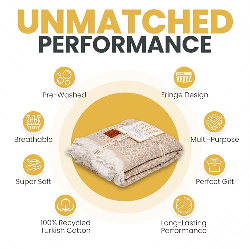 Gold Case Throw Blanket for Couch - 100% Recycled Turkish Cotton Blankets & Throws - Retro Soft Throw Blankets for Living Room - Boho Decorative Woven Couch Blanket - 60x80 - Beige - color: Retro Beige, size: 60x80"