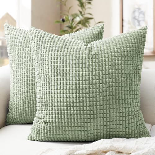 Softalker Throw Pillow Covers 18x18 Inch, Set of 2, Soft Corduroy Boho Stripe Decorative Pillow Cover, Couch Fluffy Pillow Cover for Farmhouse Home Decor Bed Living Room, Sage Green - color: Yml Sage Green, size: 18" x 18" (Pack of 2)