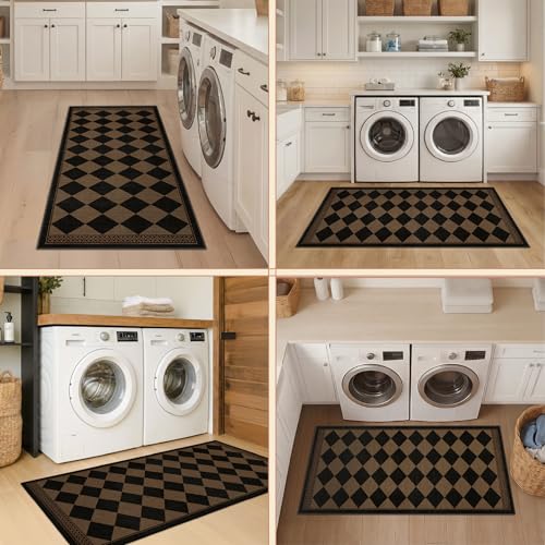 Brown and Black Easy Jute Runner Rug 2x5 for Laundry Room, Non Skid Washable Checkered Entryway Runner Rug, Boho Low Pile Diamond Carpet for Kitchen, Bathroom, Scandinavian Minimalist Style - color: Black Brown, size: 2' x 5' (Runner)