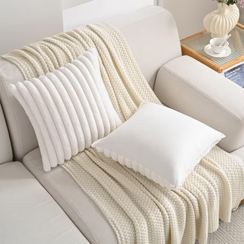 Volcanics Set of 2 Faux Fur Plush Decorative Throw Pillow Covers 18x18 Inches, Striped Cushion Cases Soft Fluffy Accent Pillowcases for Sofa, Couch and Bed, Cream White - color: Cream White, size: 18" x 18" (Pack of 2)