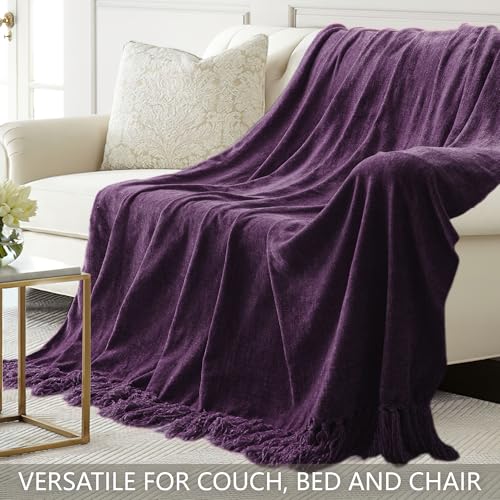 Chenille Throw Blanket for Couch 50"X 60", Soft Cozy Throws with Fringe Tassel for Bed Sofa Chair Cover, Lightweight Knitted Decorative Boho Blankets for Living Room, Dark Purple - color: Dark Purple, size: 50x60 inch