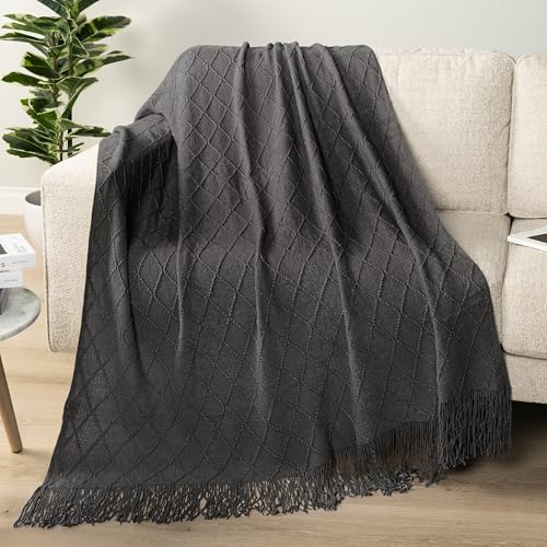 PAVILIA Dark Gray Knit Throw Blanket for Couch Bed, Soft Knitted Farmhouse Sofa Throw for Living Room, Lightweight Decorative Summer Throw Blanket for Chair, Outdoor Textured Boho Blanket, 50x60 - color: Charcoal Gray, size: 50 X 60 Inches - Throw