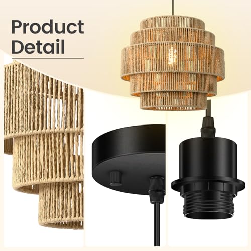 5-Tier Rattan Chandelier Light, 13”Hand Woven Hemp Rope Boho Pendant Light, Large Farmhouse Hanging Lamp for Kitchen Island,Dining Room, Bedroom, Entryway, Foyer, Coastal Decor,Adjustable Cord,Brown - color: Brown-1