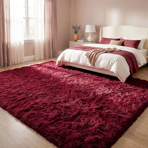 DweIke Fluffy Burgundy Red Rugs for Bedroom Living Room, 3x5 Feet Soft Plush Shaggy Wine Maroon Girls Boys Kids Rug, Non-Slip and Machine Washable Carpet for Dorm Nursery Classroom Decor - color: Wine Red, size: 3 Ft X 5 Ft