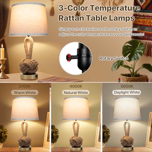 vallerico 22" Rope Lamps for Night Stands, Bedside Lamps Set of 2, 3-Color Temperatures Boho Lamp with Rotary Switch, Table Lamps for Living Room Bedroom, Rattan Lamp with USB Ports, Bulbs Included
