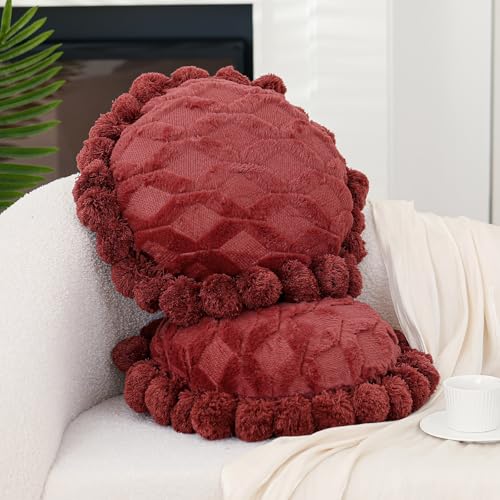 Tranqun 2 Pcs Boho Throw Pillows Cover 15.7 Inch Round Bohemian Decorative Pillow Covers Throw Pillow Cover Hand Tufted with Textured Pom Poms Cushion for Couch Sofa Bed Yoga (Red Rust Color) - color: Red Rust Color