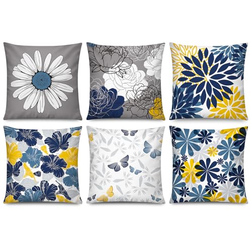 COMMINY Navy Orange Throw Pillow Cover 18x18 Set of 6, Grey Blue Pillow Covers, Daisy Dahlia Pillowcase, Square Cushion Covers for Couch Sofa Living Room Home - color: Navy Blue Orange, size: 18" x 18" (Pack of 6)
