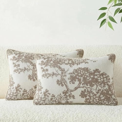 Mantle & Mason Floral 12x20 Lumbar Pillow Covers Set of 2, French Vintage Woven Jacquard Decorative Accent Pillow Cases for Couch, 430GSM Thick Chenille & Luxury Velvet, Beige - color: Tree Pattern Beige, size: 20" x 12" (Pack of 2)