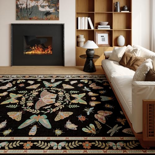 Unirea 3x5 Black Bedroom Entryway Kitchen Area Rug, Washable Non Slip Boho Insect Rug for Living Room, Bathroom, Home Office, Kids Room, Laundry Room, Soft Low Pile Insect Bug Rugs, Thin Carpet - color: Black, size: 3'x5'