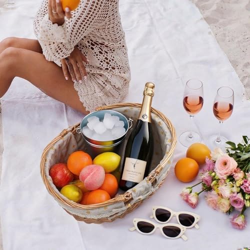 Large Wicker Picnic Basket with Handles,Handle Sturdy Woven Body with Removable and Washable Lining,Outdoor Camping,Gift Packing,Garden Picking, Storage.Yellow Flower - color: Yellow Flower