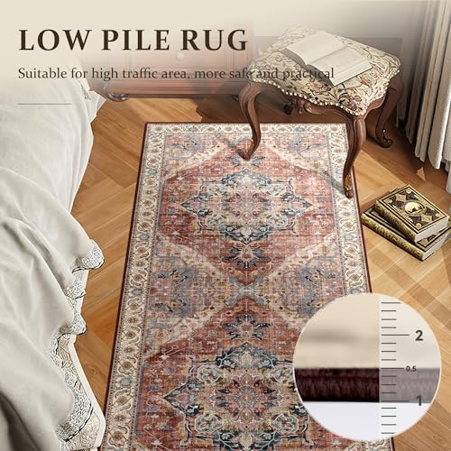 Deerly 3x8 Washable Vintage Area Rugs for Hallway Bohemian Non-Slip Low-Pile Floor Carpet for Kitchen Bathroom Bedroom Dining Room, Brickred/Multi - color: Brickred & Multi, size: 3' x 8' (Runner)