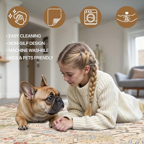 Bavni Area Rug 3x5, Non-Slip Washable Rugs for Living Room Office, Boho Distressed Printed Rug, Low Pile Foldable Decorative Carpet for Bedroom Kitchen Office, Ivory/Teal - color: Ivory/Teal, size: 3' x 5' (Rectangular)