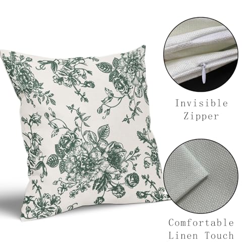 Dark Green and Cream Floral Pillow Covers 18x18 Inch Set of 2 Vintage Floral Throw Pillow Covers Chinoiserie Flower Pillowcases Rustic Farmhouse Cotton Linen Cushion Covers for Couch Bed Sofa Decor - color: Dark Green, size: 18" x 18" (Pack of 2)