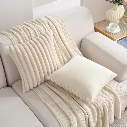 Volcanics Set of 2 Faux Fur Plush Decorative Throw Pillow Covers 18x18 Inches, Striped Cushion Cases Soft Fluffy Accent Pillowcases for Sofa, Couch and Bed, Beige - color: Beige, size: 18" x 18" (Pack of 2)
