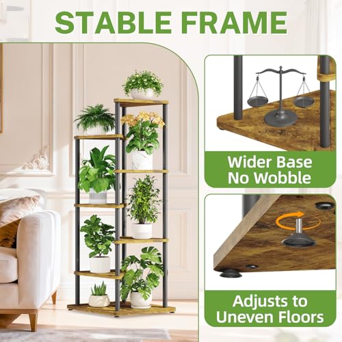iDavosic.ly Tall Plant Stand Indoor for Large & Heavy Duty Planters, 6 Tier Corner Flower Shelf with Wooden Trays & Metal Frame, 49 Inch Orchid Rack for Living Room Balcony Porch, Black & Brown - size: 6 Tier without Light