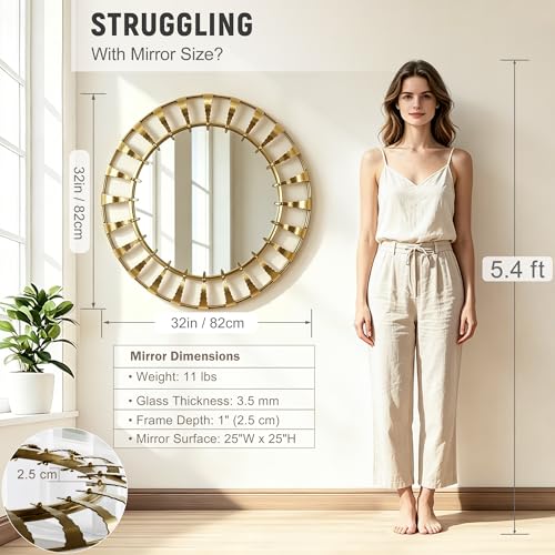 Gold Sunburst Round Wall Mirror 32", Decorative Circle Metal Frame Mirror,Large Decorative Circular Wall Mirror for Entryway or Bedroom - color: Sunburst - 32"l X 32"w