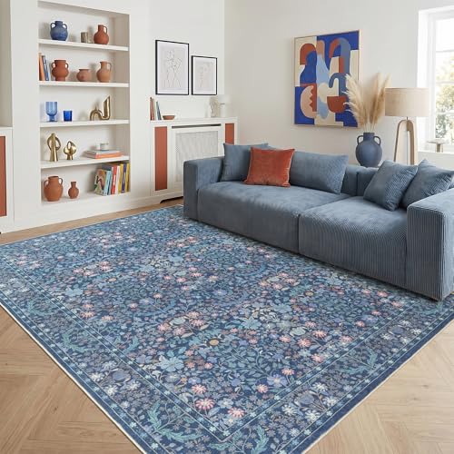 Blue Floral Living Room Rug 5x7 Area Rug - Vintage Forest Washable Rug for Dining Room, Bedroom, Ultra Soft Low Pile Non Slip Stain Resistance Distressed Boho Farmhouse Flower Carpet - color: Blue, size: 5' x 7' (Rectangular)