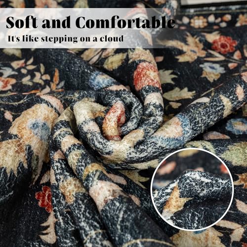 MUJOO Small Rug Washable,Black 2x3 Area Rugs for Entryway,Floral Front Door Mat Indoor Entrance Entry Way,Boho Kitchen Bathroom Floor Rug Throw Carpet Non Slip Low Pile Vintage - color: Black, size: 2' x 3' (Rectangular)