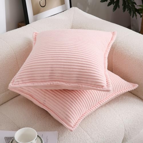 Valentines Day Decorations Corduroy Pink Throw Pillow Covers Set of 2 Striped Boho Decorative with Edge Design,Super Soft Throw Pillow Cushion Covers for Couch Sofa Living Room Solid Square 18×18inch - color: Pink, size: 18" x 18" (Pack of 2)