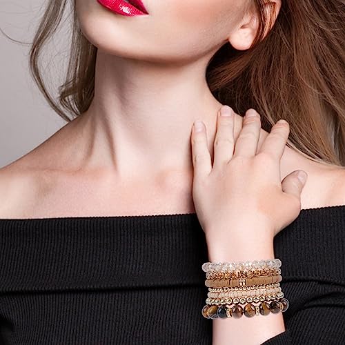 Bohemian Natural Stone Beaded Bracelets for Women Men Stackable Stretch Beads Bracelet Set with Charm and Tassel Multilayered Elastic Gemstone Bracelets Summer Beach Boho Jewelry Gift for Women - color: Brown-1