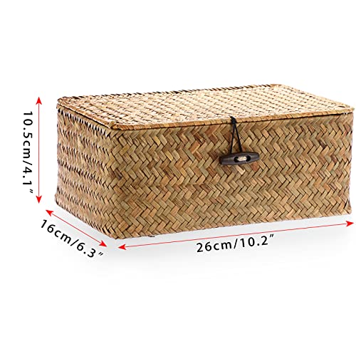 Hipiwe Wicker Shelf Baskets Bin with Lid, Handwoven Seagrass Basket Storage Bins Rectangular Household Basket Boxes for Shelf Wardrobe Home Organizer, Caramel Small - color: Caramel, size: Small