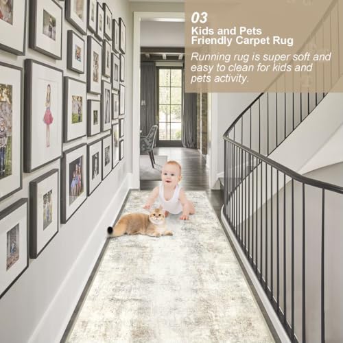 Capslpad 2.6x7 Light Beige Abstract Hallway Runner, Ultra Soft Fabric Washable Runner Rug, Non-Slip Rubber Backing, Stain Resistant Low Pile Runners for Hallways, Kitchen, Entryway, Bedroom, Laundry - color: Beige, size: 2'6" x 8' (Runner)