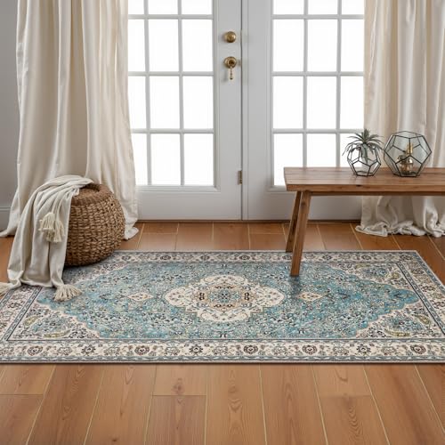 Lahome Felice Floral Medallion Area Rug - 2x4.3 Hallway Rug Runner Kitchen Sink Mat Turkish Faux Wool Non-Slip Washable Low-Pile Carpet for Indoor Laundry Bedroom Entrance Bathroom, Sky/Baby Blue - color: Sky/Baby Blue, size: 2' x 4'4" (Runner)