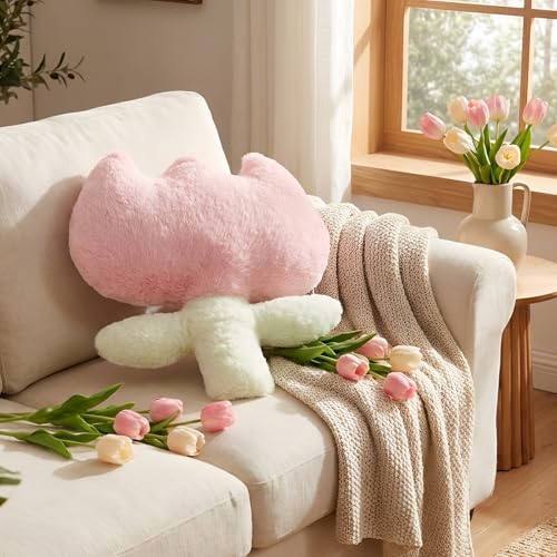 Pink Easter Tulip Pillows Flowers Throw Pillows 15.75 Inch Tulip Plush Floor Cushions Farmhouse Style Cotton Tufted Pillowcases for Sofa Couch Bed Chair Room Decoration
