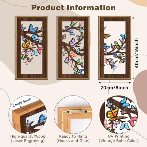 KAIRNE Butterfly Wooden Wall Art,Boho Wall Decor Chic Set of 3(8”X16”),Vintage Tree Animal Hanging Wall Decor,Rustic Farmhouse Wall Sign,Minimalist Natural Posters for Bathroom Living Room Decor,Framed - color: Butterfly Wooden Wall Art, size: 8"L x 16"W