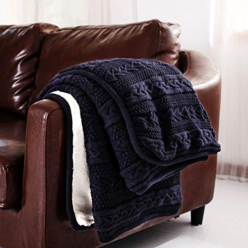Longhui bedding Acrylic Cable Knit Sherpa Throw Blanket - Thick, Soft, Big, Cozy Navy Knitted Fleece Blankets for Couch, Sofa, Bed - Large 50 x 63 Inches Navy Blue Coverlet All Season - color: Navy, size: 50" x 63", Standard
