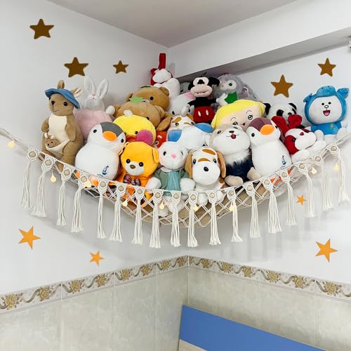 Large Stuffed Animal Net or Hammock, Boho Macrame Toy Hammock with LED Lights, Decorate Room Space Saving Pet Net for Stuffed Animals, Suitable for Nursery, Playroom, Kids Bedroom - style: A