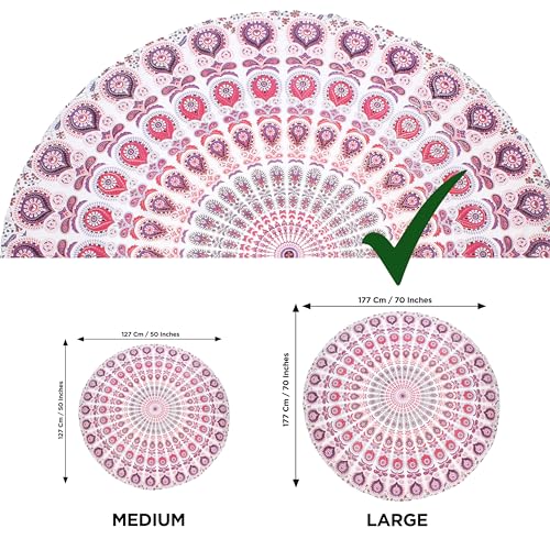 raajsee Mandala Round Beach Tapestry Hippie/Boho Beach Blanket Roundie/Indian Cotton Throw Bohemian Round Table Cloth/Yoga Mat Meditation Picnic Rugs 70 inch Circle (WHITE PINK) - color: WHITE PINK