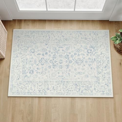 PureCozy 2x3 Blue Entryway Area Rug Machine Washable Door Mat Kitchen Vintage Distressed Non Slip Carpet Indoor Retro Floral Accent Throw Small Rug for Bathroom Office Bedroom Living Dining Room - color: Blue, size: 2' x 3' (Rectangular)