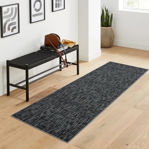 RUGSREAL 2x6 Runner Rug Washable Kitchen Runner Rug Modern Abstract Runner Mat for Hallway Contemporary Solid Rug Non-Slip Foldable Aesthetic Accent Floor Carpet for Living Room Bedroom, Black - color: Black, size: 2' x 6' (Runner)