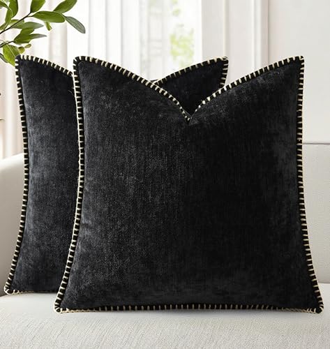 decorUhome Fall Chenille Soft Cozy Throw Pillow Covers 16x16 Set of 2, Modern Farmhouse Boho Velvet Decorative Pillow Cases with Stitched Edge for Couch Sofa Bed Home Decor, Black - color: Black, size: 16" x 16" (Pack of 2)