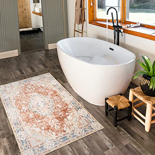 MUJOO 2'x3' Rugs Machine Washable Area Rugs for Entryway Boho Rug for Bathroom Kitchen Non Slip Carpet Abstract Soft Low-Pile Orange Navy Blue Area Rug Floral - color: Orange, size: 2' x 3' (Rectangular)