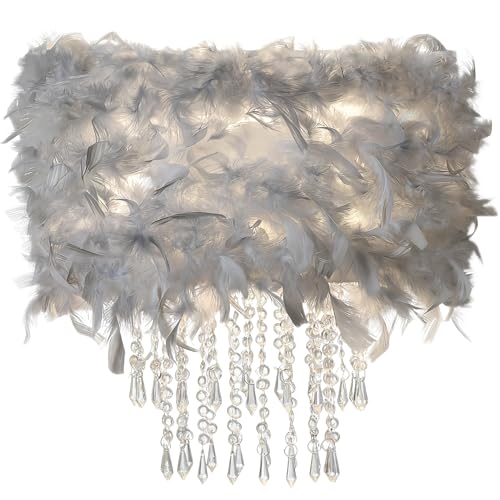 Feather Lamp Shade with Acrylic Beads Droplets, Fluffy Light Shade for Pendant, Table, Floor & Wall Lighting, Girl Bedroom Decor, ID 11.8inch, OD 15.7inch, Grey - color: Grey, size: 15.7 inches