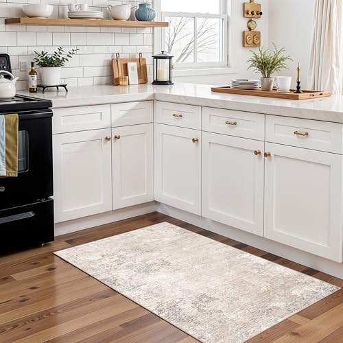 2x4 Washable Non-Slip Runner Rug – Small Throw Rug for Kitchen Floor, Bedroom, Entryway, Bathroom, Bedside – Modern Abstract Neutral Low-Pile Thin Indoor Door Mat (Beige Grey,2x4) - color: Beige Grey, size: 2' x 4' (Rectangular)