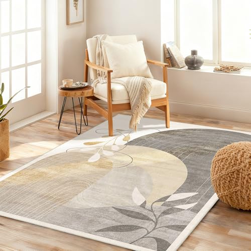 MUJOO 3x5 Washable Rugs,Boho Large Area Rug for Entryway Kitchen Entry Bedroom Bedside Foyer,Small Throw Carpet Indoor Non Slip Mid Century Modern Abstract Botanical Geometric Accent Neutral Beige - color: Beige（modern）, size: 3' x 5' (Rectangular)