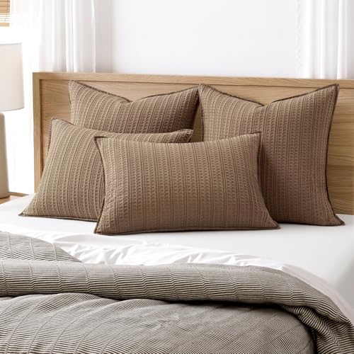 Set of 2 Decorative 100% Cotton Waffle Euro Sham Pillow Covers 24x24, Neutral Throw Pillows Weave European Cushion Cases for Couch Sofa Bed Modern Farmhouse Home Decor, Brown - color: Brown, size: 24" x 24" (Pack of 2)