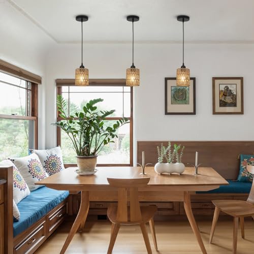 LAMSU 3 Pack Rattan Pendant Lights Kitchen Island, Farmhouse Pendant Lighting with Hand Woven Wicker Shade, Boho Chandelier Light Fixtures Ceiling Hanging for Dining Room Bedroom Foyer Hallway - size: 3 Pack