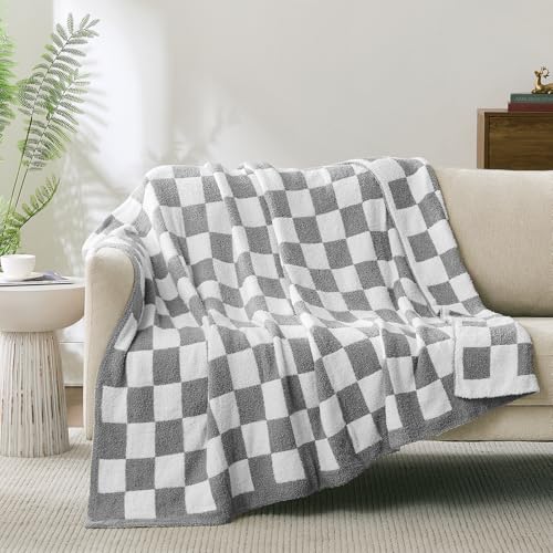Checkered Throw Blanket, Light Grey Soft Cozy Fluffy Knitted Throw Blankets for Couch, Sofa, Bed, Chair, Warm Fuzzy Travel Picnic Lightweight Plaid Blanket, 60x80 inches - color: Light Grey, size: 60×80 Inch