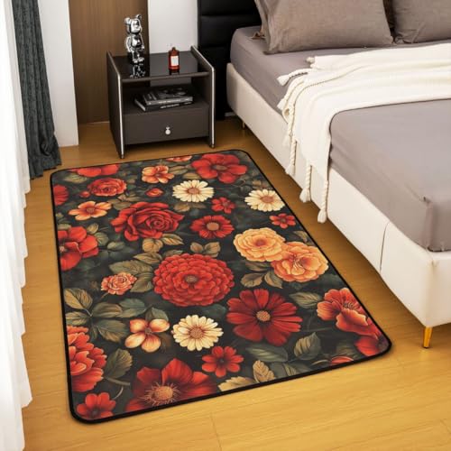 Erosebridal Retro Floral Area Rug 6'6" x 4'11" Black Dark Romantic Living Room Rugs Red Orange Peony Decorative Carpet Vintage Flowers Indoor Floor Mat - color: Black Red Yellow, size: 4'11" x 6'6" (Rectangular)