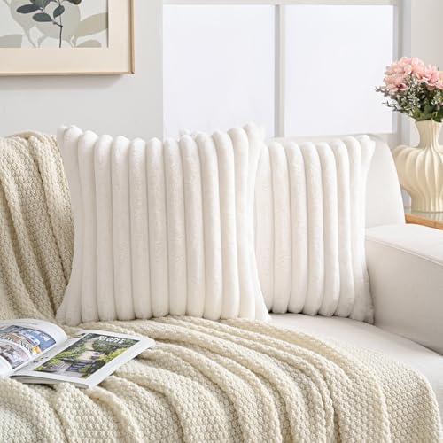 Volcanics Set of 2 Faux Fur Plush Decorative Throw Pillow Covers 18x18 Inches, Striped Cushion Cases Soft Fluffy Accent Pillowcases for Sofa, Couch and Bed, Cream White - color: Cream White, size: 18" x 18" (Pack of 2)