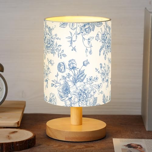 VIHOSE Blue Floral Kids Table Lamp for Bedroom Kids Bedside Lamp with Linen Wooden Nightstand Cartoon Nursery Lampshade for Girls Boys Living Room - style: Blue Floral