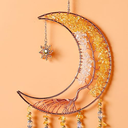 Agate Gemstone Dream Catcher 7 Chakra Tree of Life Dream Catcher with Rainbow Crystal Stones Handmade Dreamcatcher Wall Decor for Adults Boys Girls,Bedroom,Wedding,Garden,Bless Gift(Gold Moon) - color: Gold Moon Agate