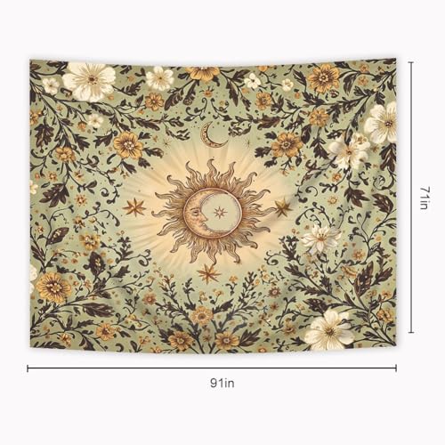 Riyidecor Boho Sun and Moon Tapestry 91Wx71H Inch Green Bohemian Floral Flower Leaves Plant Botanical Vintage Retro Rustic Country Wall Hanging Artistic Home Dorm Decor Art Living Room Bedroom - color: A-green, size: 71L" x 91W"