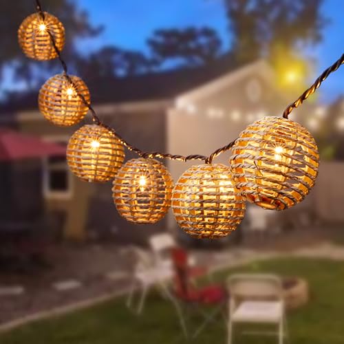 Decorative Outdoor Patio String Lights, Seagrass Rattan Wire Ball Style Lantern String Lights, Connectable Weatherproof Indoor Outdoor Globe Boho String Light for Home Pergola Garden Party Backyard - style: Seagrass Rattan Wire Ball